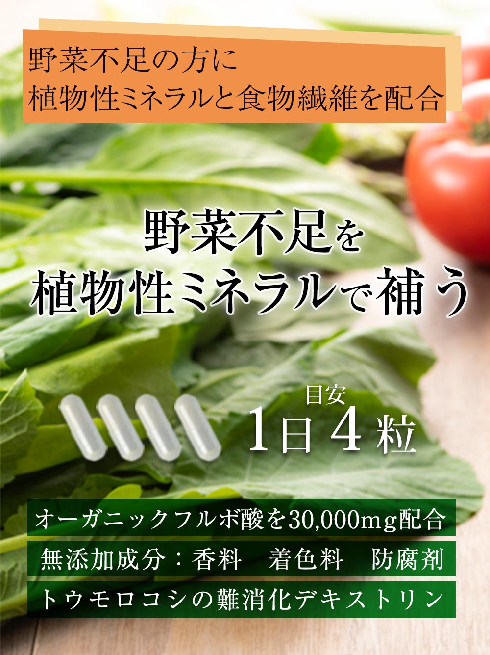 野菜不足に植物性ミネラルのサプリメント「カプセルinフルボ酸」